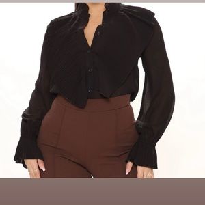 Black button up shirt with ruffle detail